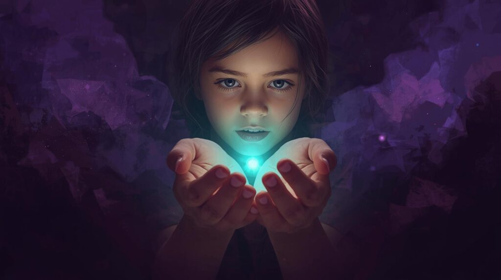 A child holding a tiny light in their hands (a soft teal glow), with the surrounding darkness gently retreating.