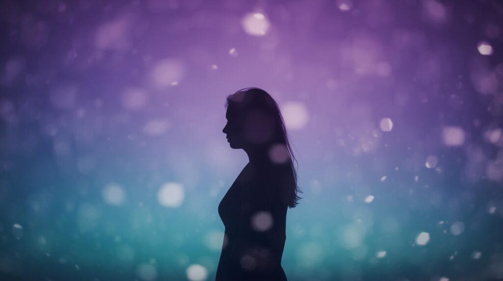 A dreamy, soft-focus silhouette of a woman standing against a gradient sky (purple to teal).