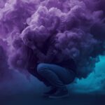 A person crouched down, appearing stressed, with a swirling cloud of deep purples and vibrant aquas enveloping them like a storm, conveying a sense of waiting for the intense emotion to pass.