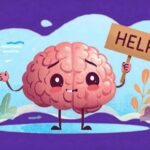 A soft, digital illustration of a personified human brain with gentle, rounded features and small arms raised, holding a simple cardboard sign that reads “HELP” in a slightly uneven, human-style script. The brain appears vulnerable yet hopeful, exuding a sense of gentle optimism rather than distress. The aesthetic is calming and friendly, avoiding dark or clinical tones. The color palette is dominated by a vibrant teal (#48cddb) and a deep, rich purple (#470095), enhanced by subtle gradients and soft highlights. The background is clean and minimal, featuring abstract shapes or a light texture to suggest emotional space. The style is modern, warm, and approachable, ideal for a mental health and self-help website, with no realism, horror, or medical imagery. Soft lighting, smooth lines, and a slightly whimsical artistic touch contribute to the overall inviting feel.