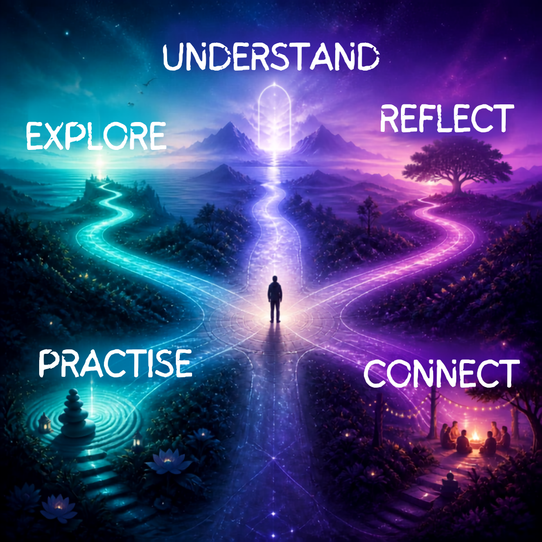 A person stands at a surreal crossroads where five glowing paths lead through a dreamy teal and deep purple landscape, labelled Understand, Explore, Reflect, Practise, and Connect.